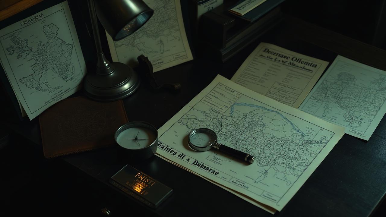 Historical maps and documents laid out on a dark desk